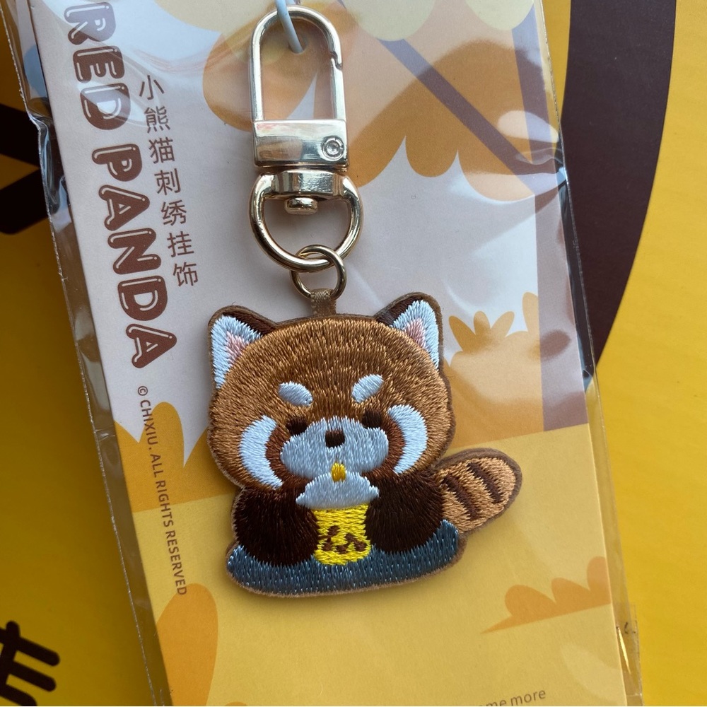 Bubble Tea Red Panda Embroidered Keychain Bag Decor Bag Charm Embroidery Patch